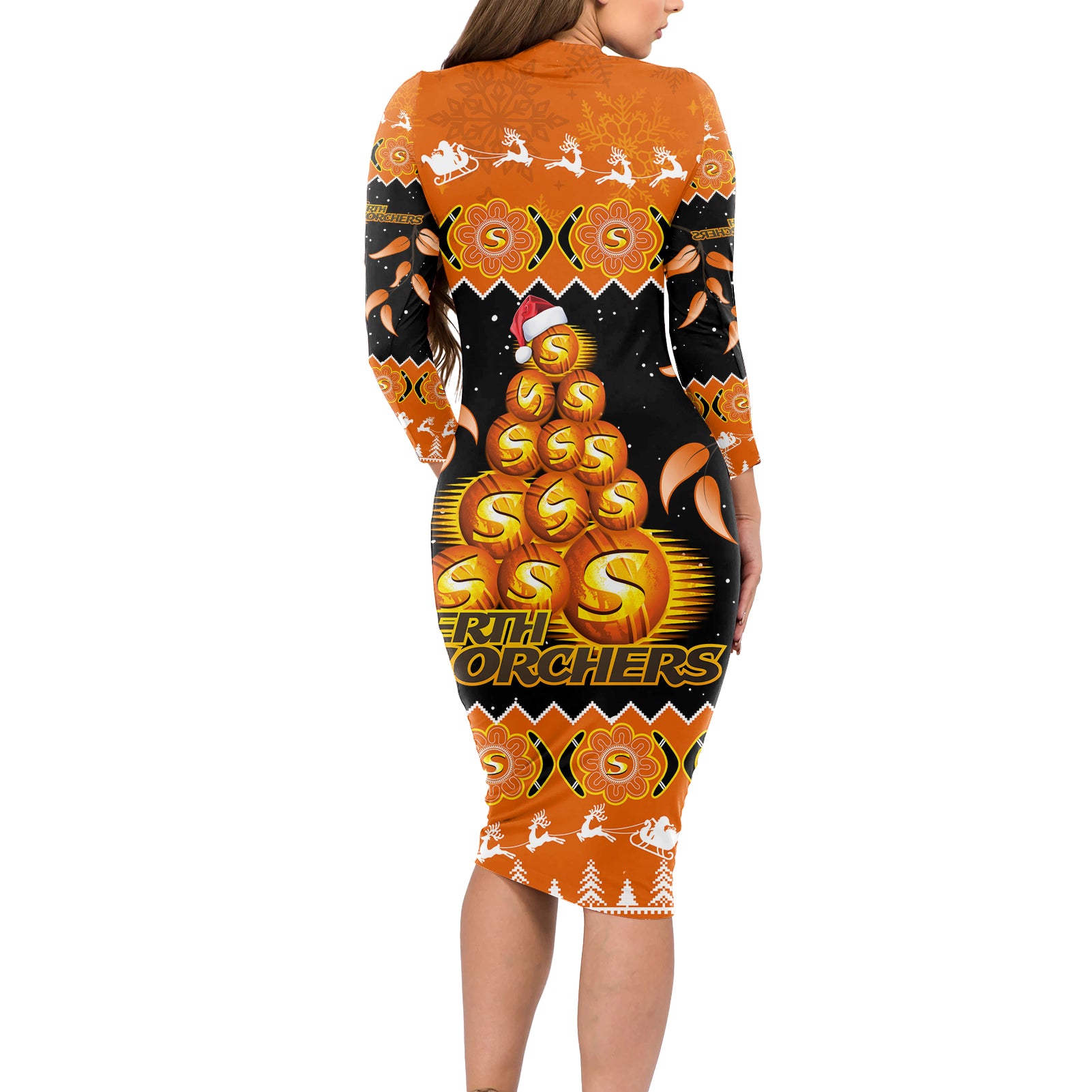 perth-scorchers-cricket-christmas-long-sleeve-bodycon-dress-merry-xmas-2023-indigenous-art