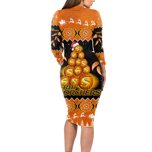 perth-scorchers-cricket-christmas-long-sleeve-bodycon-dress-merry-xmas-2023-indigenous-art