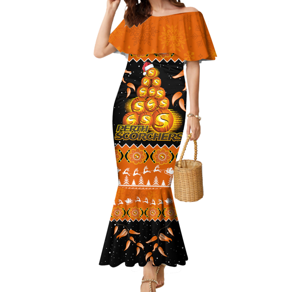 perth-scorchers-cricket-christmas-mermaid-dress-merry-xmas-2023-indigenous-art
