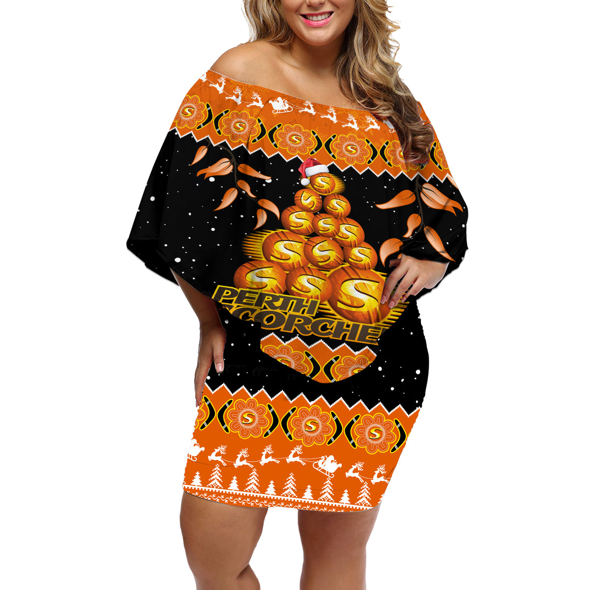 perth-scorchers-cricket-christmas-off-shoulder-short-dress-merry-xmas-2023-indigenous-art