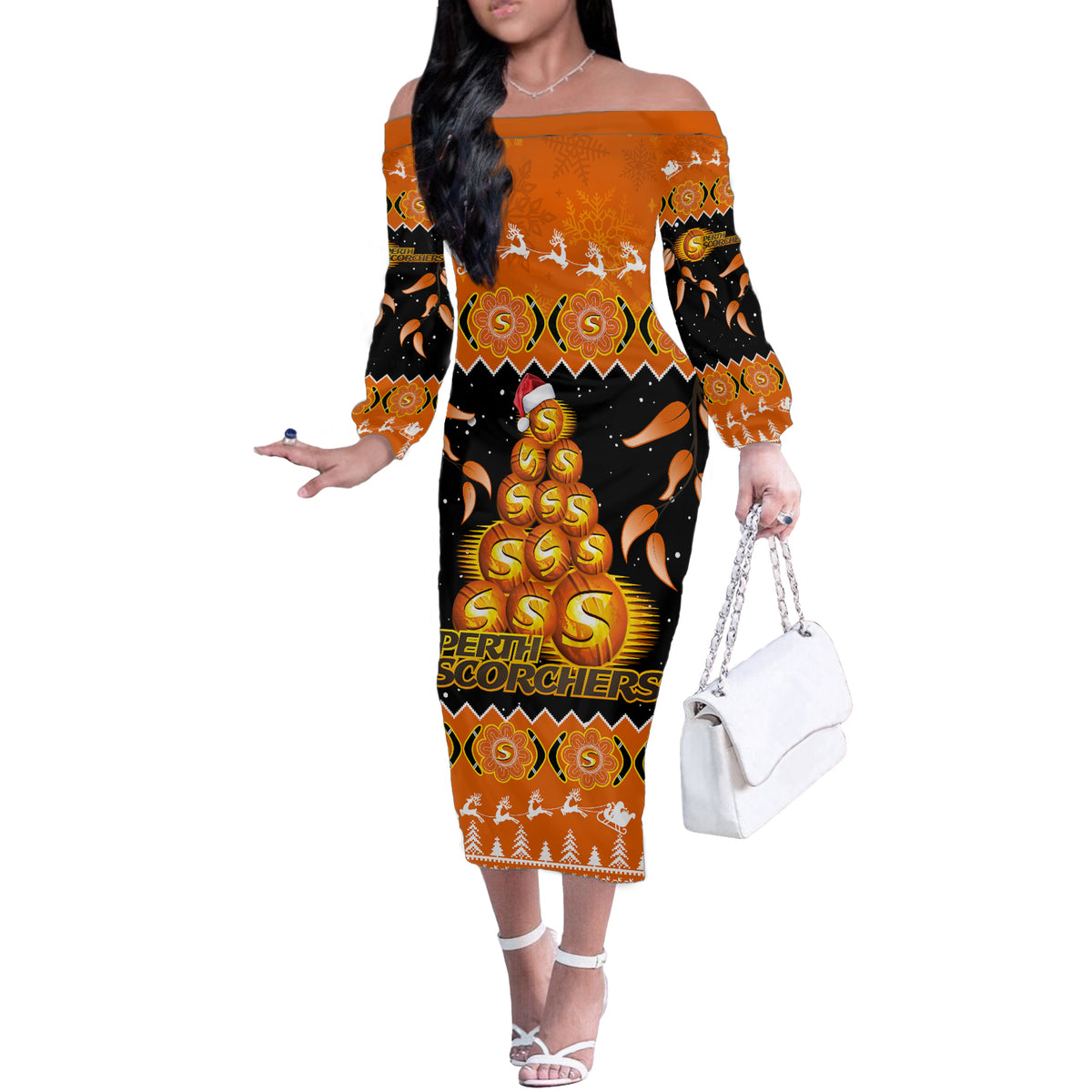 perth-scorchers-cricket-christmas-off-the-shoulder-long-sleeve-dress-merry-xmas-2023-indigenous-art