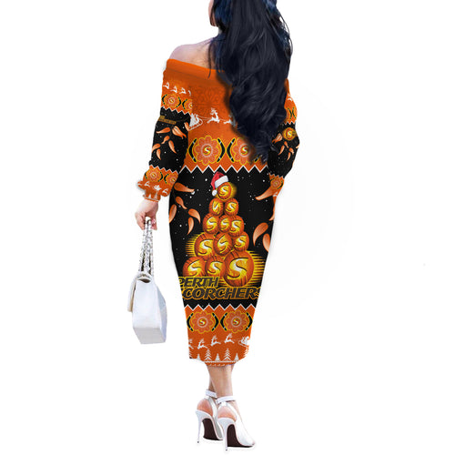 perth-scorchers-cricket-christmas-off-the-shoulder-long-sleeve-dress-merry-xmas-2023-indigenous-art