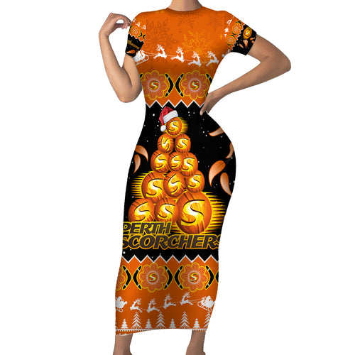 perth-scorchers-cricket-christmas-short-sleeve-bodycon-dress-merry-xmas-2023-indigenous-art