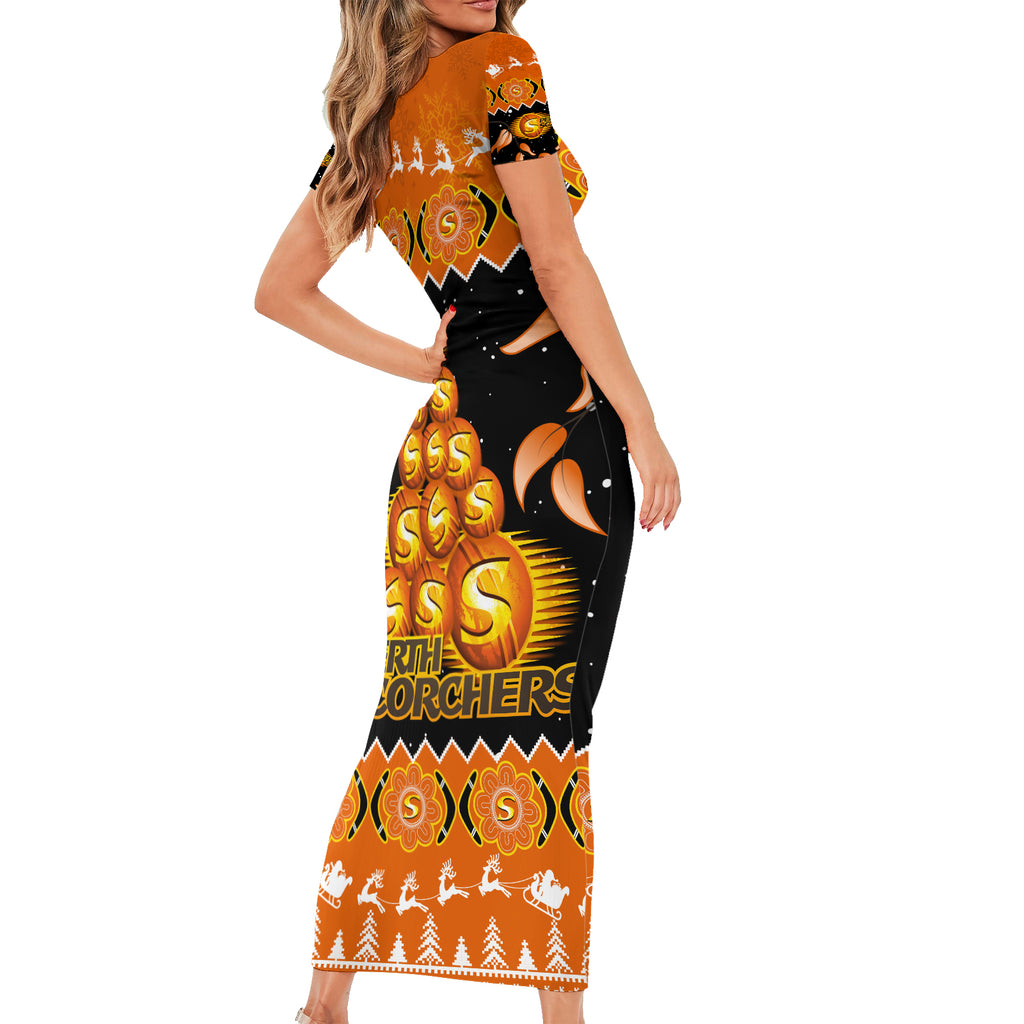 perth-scorchers-cricket-christmas-short-sleeve-bodycon-dress-merry-xmas-2023-indigenous-art