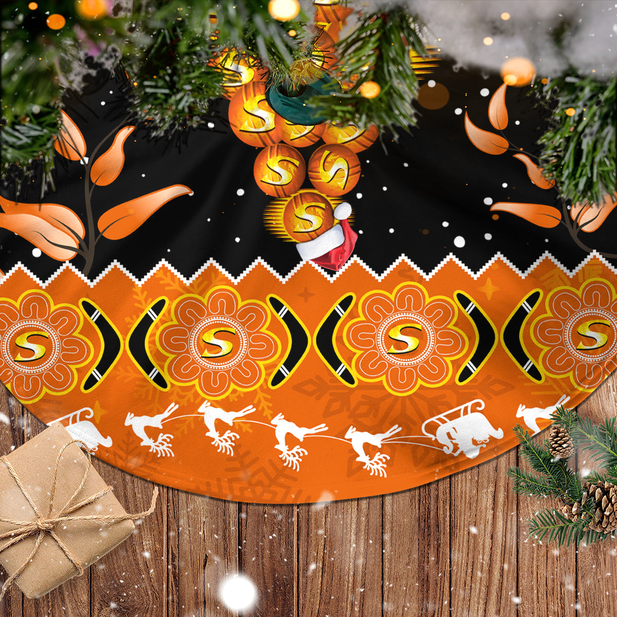 perth-scorchers-cricket-christmas-tree-skirt-merry-xmas-2023-indigenous-art