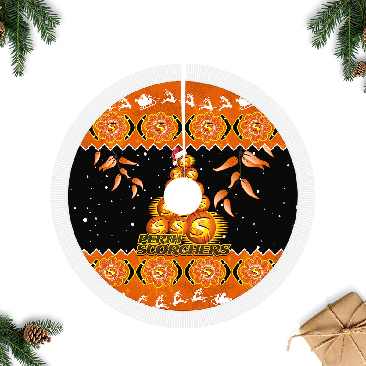 perth-scorchers-cricket-christmas-tree-skirt-merry-xmas-2023-indigenous-art