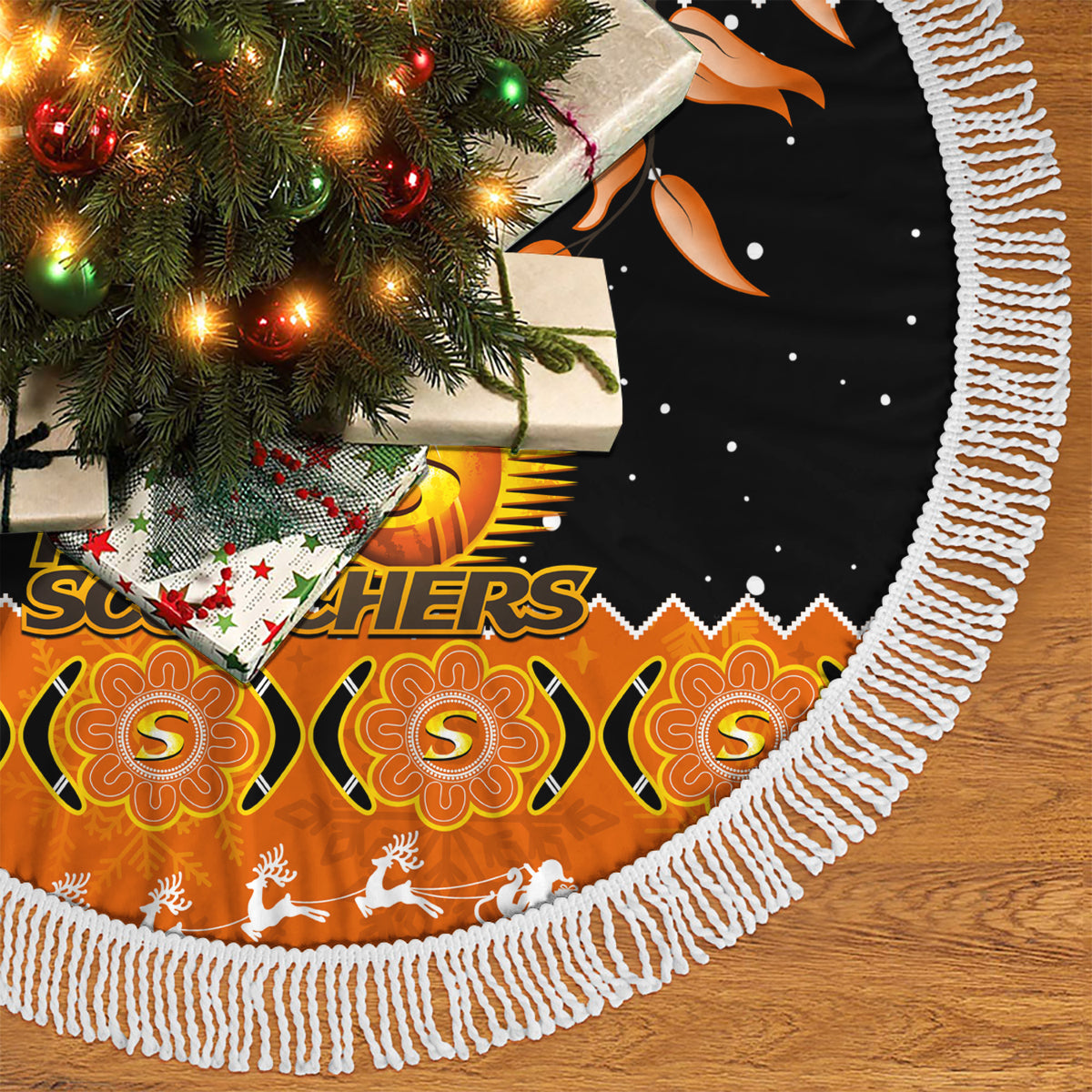 perth-scorchers-cricket-christmas-tree-skirt-merry-xmas-2023-indigenous-art