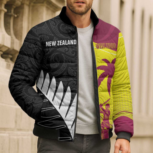 New Zealand and West Indies Cricket Custom Bomber Puffer Jacket Black Cap Windies Together - Aussie Hoodie