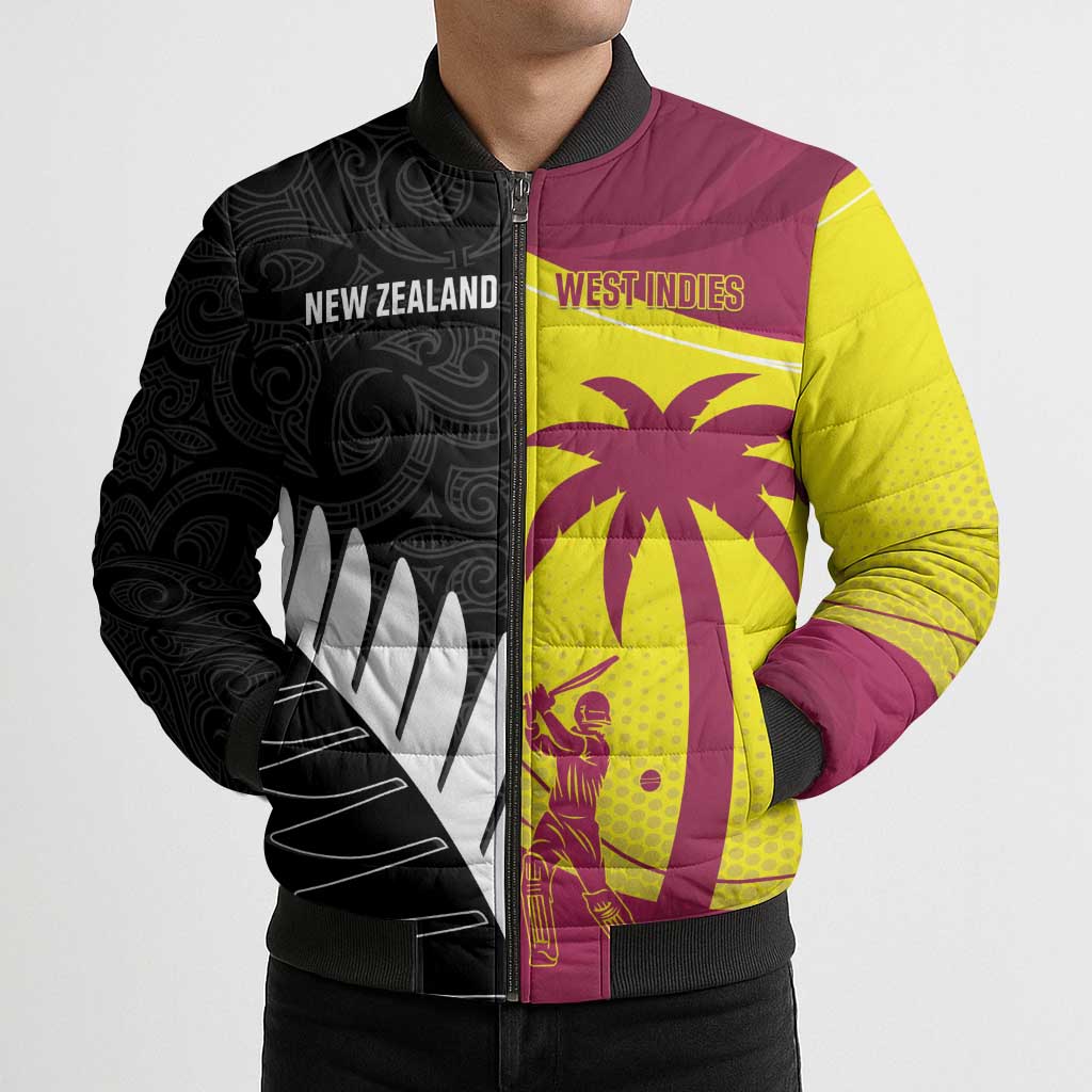 New Zealand and West Indies Cricket Custom Bomber Puffer Jacket Black Cap Windies Together - Aussie Hoodie
