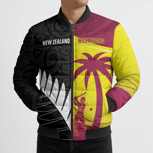 New Zealand and West Indies Cricket Custom Bomber Puffer Jacket Black Cap Windies Together - Aussie Hoodie