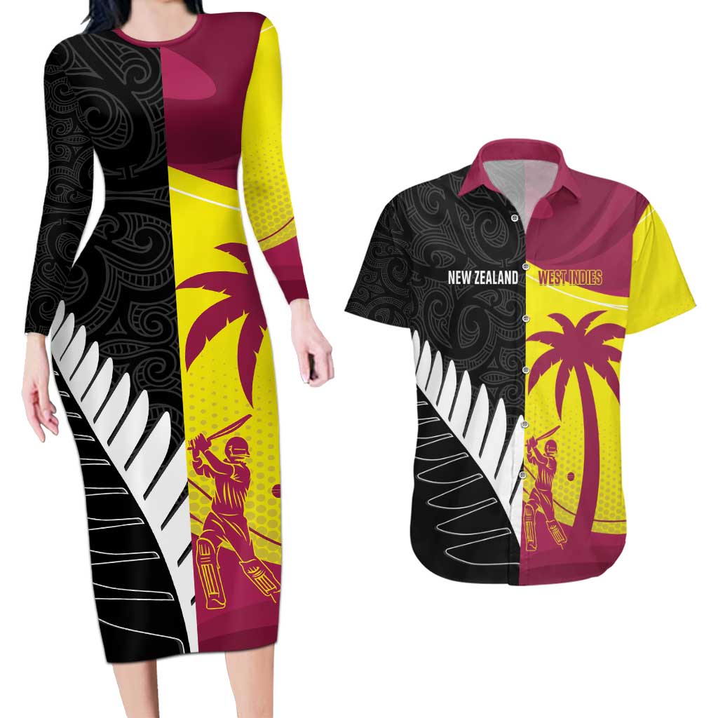 New Zealand and West Indies Cricket Custom Couples Matching Long Sleeve Bodycon Dress and Hawaiian Shirt Black Cap Windies Together - Aussie Hoodie