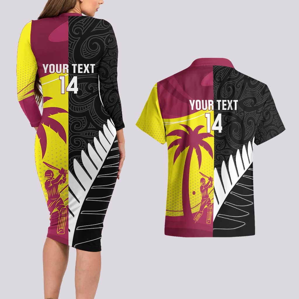 New Zealand and West Indies Cricket Custom Couples Matching Long Sleeve Bodycon Dress and Hawaiian Shirt Black Cap Windies Together - Aussie Hoodie
