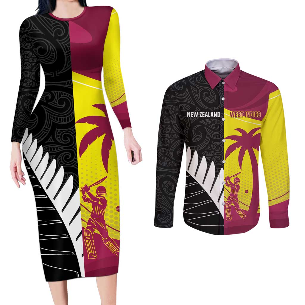New Zealand and West Indies Cricket Custom Couples Matching Long Sleeve Bodycon Dress and Long Sleeve Button Shirt Black Cap Windies Together - Aussie Hoodie