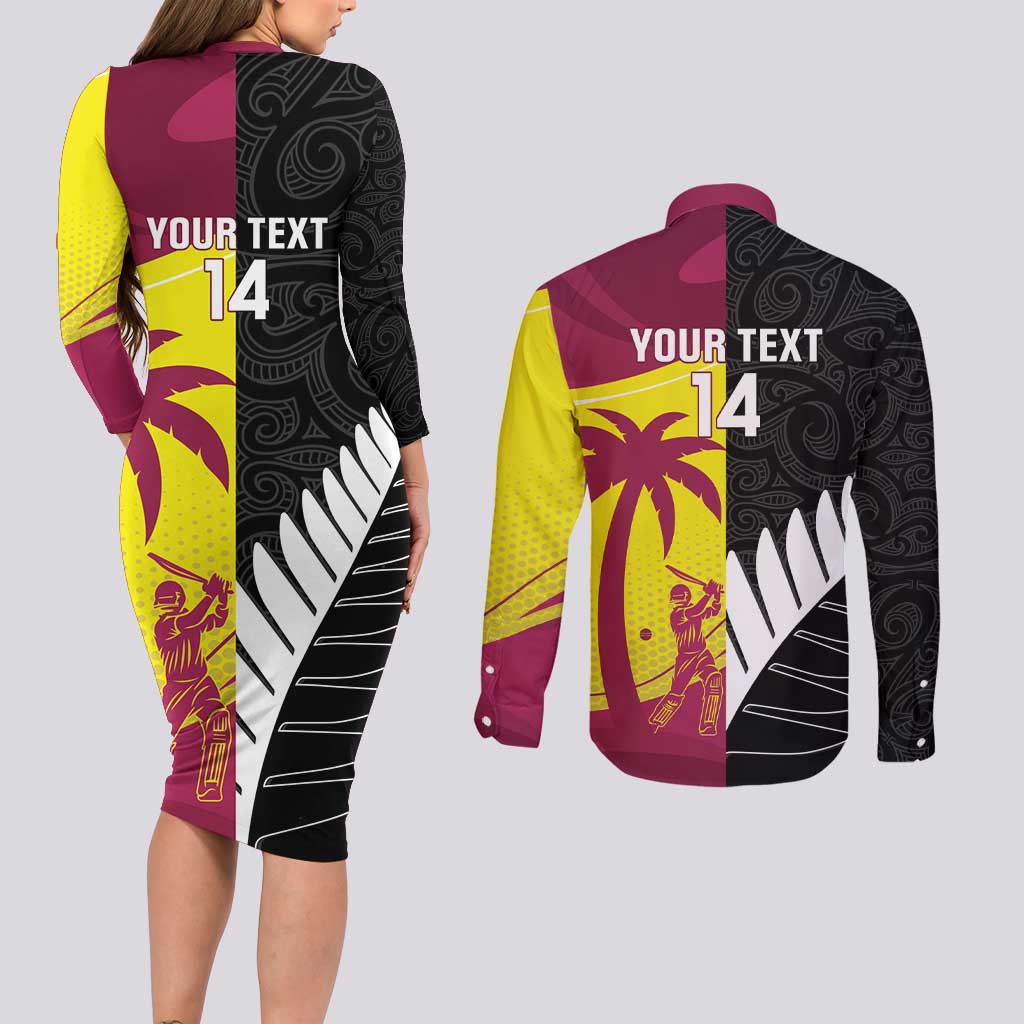 New Zealand and West Indies Cricket Custom Couples Matching Long Sleeve Bodycon Dress and Long Sleeve Button Shirt Black Cap Windies Together - Aussie Hoodie
