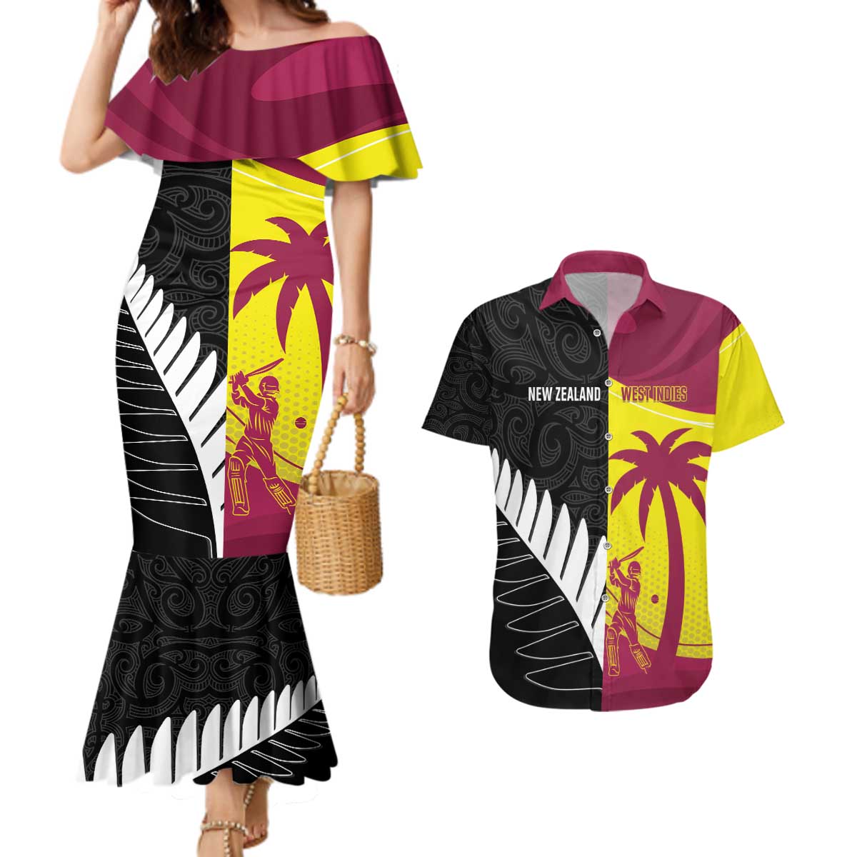 New Zealand and West Indies Cricket Custom Couples Matching Mermaid Dress and Hawaiian Shirt Black Cap Windies Together - Aussie Hoodie