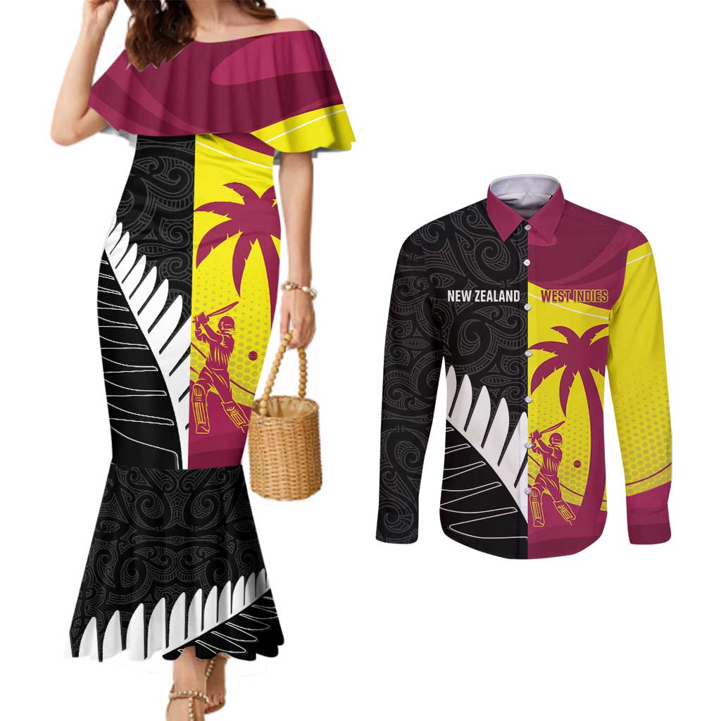 New Zealand and West Indies Cricket Custom Couples Matching Mermaid Dress and Long Sleeve Button Shirt Black Cap Windies Together - Aussie Hoodie