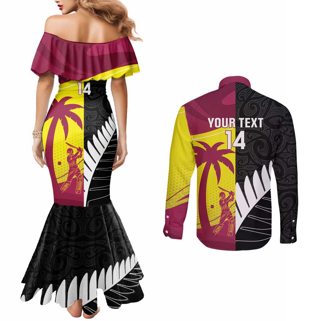 New Zealand and West Indies Cricket Custom Couples Matching Mermaid Dress and Long Sleeve Button Shirt Black Cap Windies Together - Aussie Hoodie
