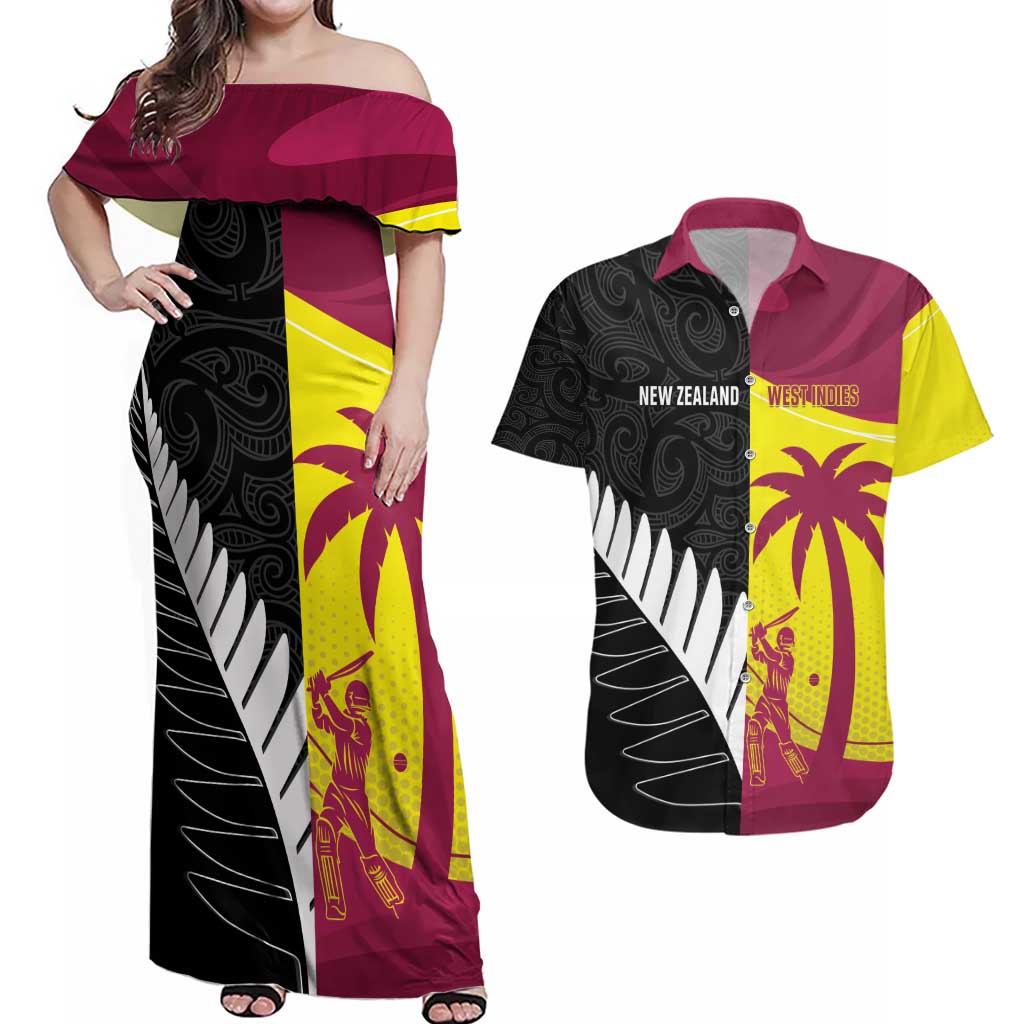 New Zealand and West Indies Cricket Custom Couples Matching Off Shoulder Maxi Dress and Hawaiian Shirt Black Cap Windies Together - Aussie Hoodie