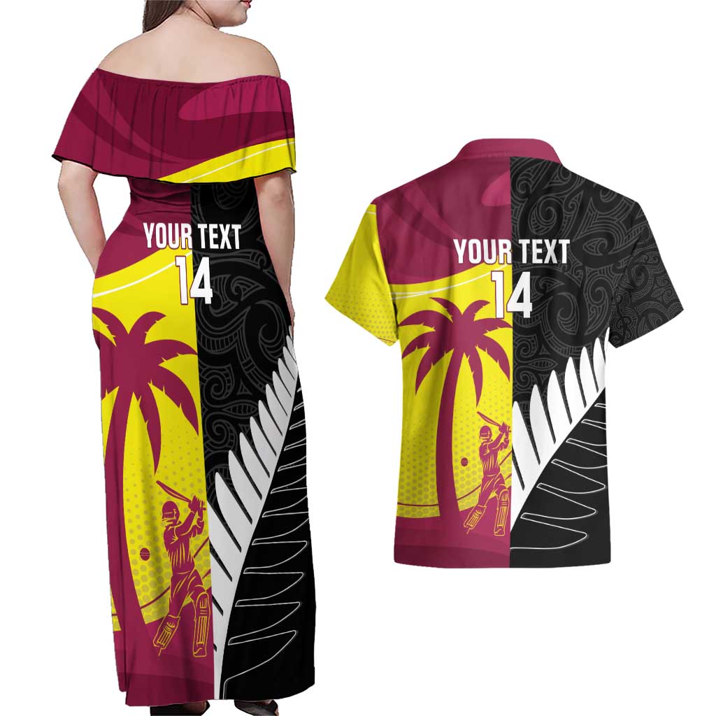 New Zealand and West Indies Cricket Custom Couples Matching Off Shoulder Maxi Dress and Hawaiian Shirt Black Cap Windies Together - Aussie Hoodie