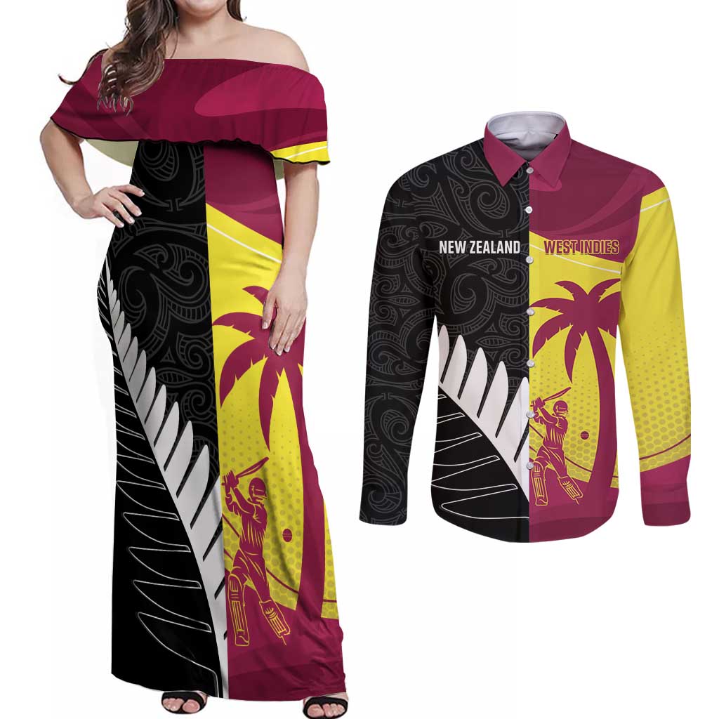 New Zealand and West Indies Cricket Custom Couples Matching Off Shoulder Maxi Dress and Long Sleeve Button Shirt Black Cap Windies Together - Aussie Hoodie