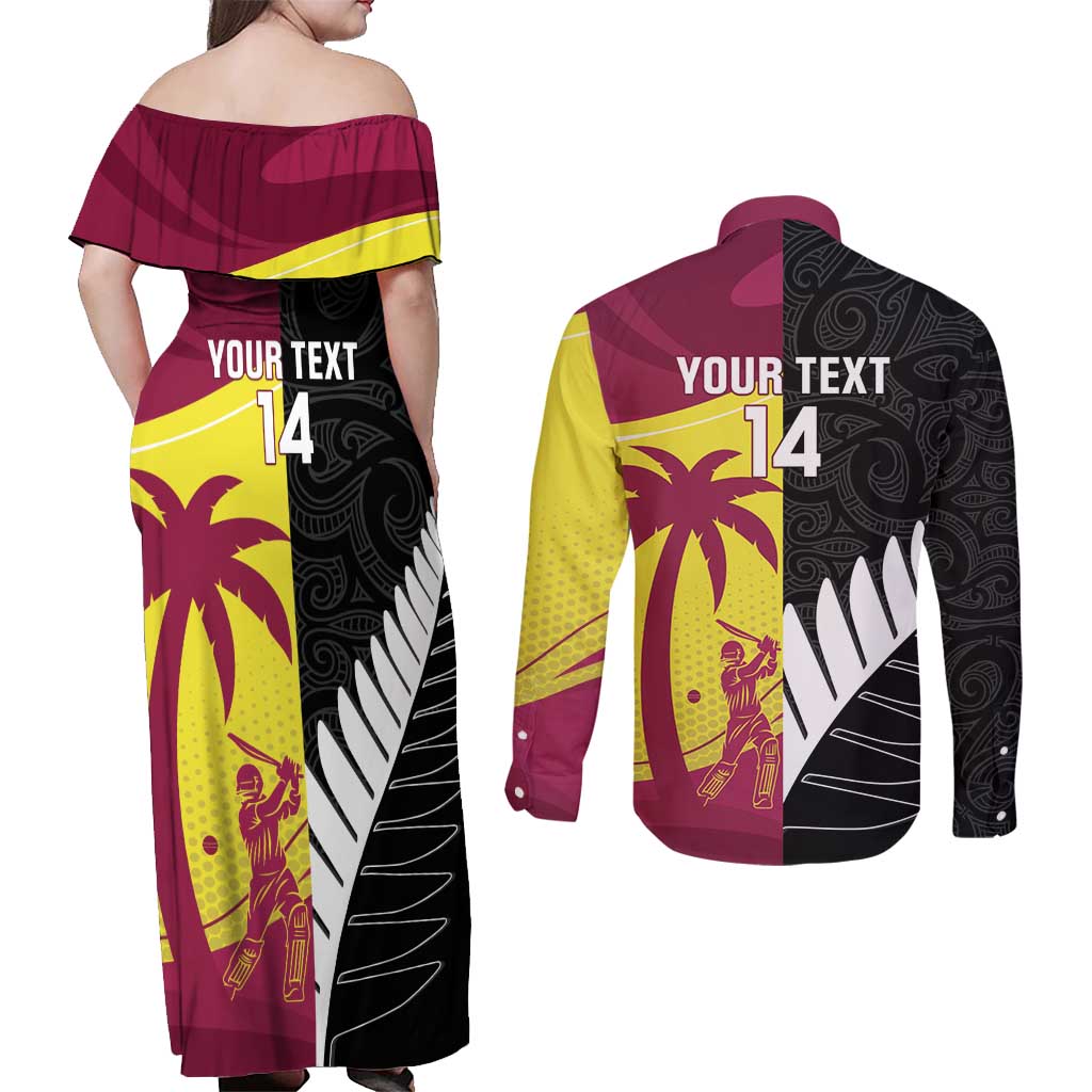 New Zealand and West Indies Cricket Custom Couples Matching Off Shoulder Maxi Dress and Long Sleeve Button Shirt Black Cap Windies Together - Aussie Hoodie
