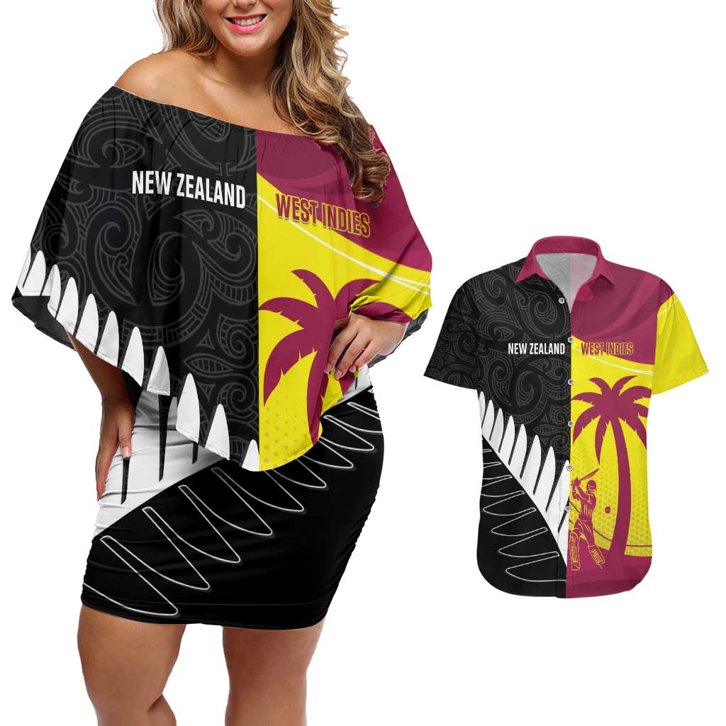 New Zealand and West Indies Cricket Custom Couples Matching Off Shoulder Short Dress and Hawaiian Shirt Black Cap Windies Together - Aussie Hoodie