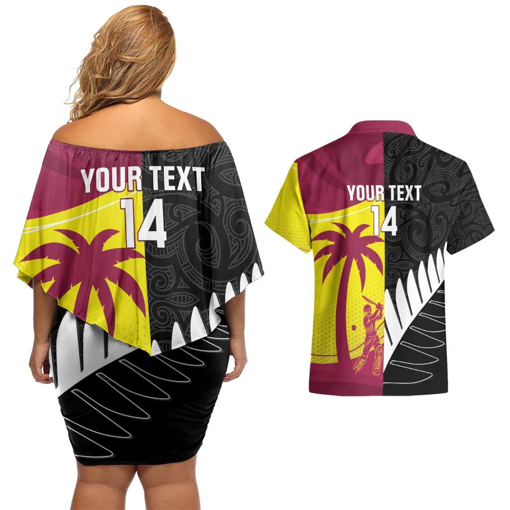 New Zealand and West Indies Cricket Custom Couples Matching Off Shoulder Short Dress and Hawaiian Shirt Black Cap Windies Together - Aussie Hoodie