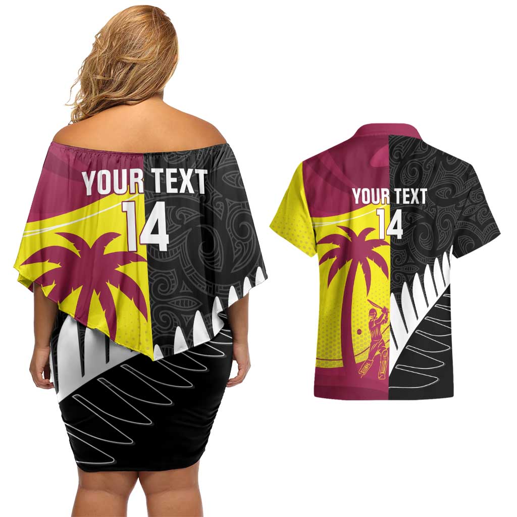 New Zealand and West Indies Cricket Custom Couples Matching Off Shoulder Short Dress and Hawaiian Shirt Black Cap Windies Together - Aussie Hoodie