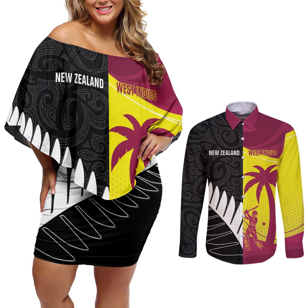 New Zealand and West Indies Cricket Custom Couples Matching Off Shoulder Short Dress and Long Sleeve Button Shirt Black Cap Windies Together - Aussie Hoodie