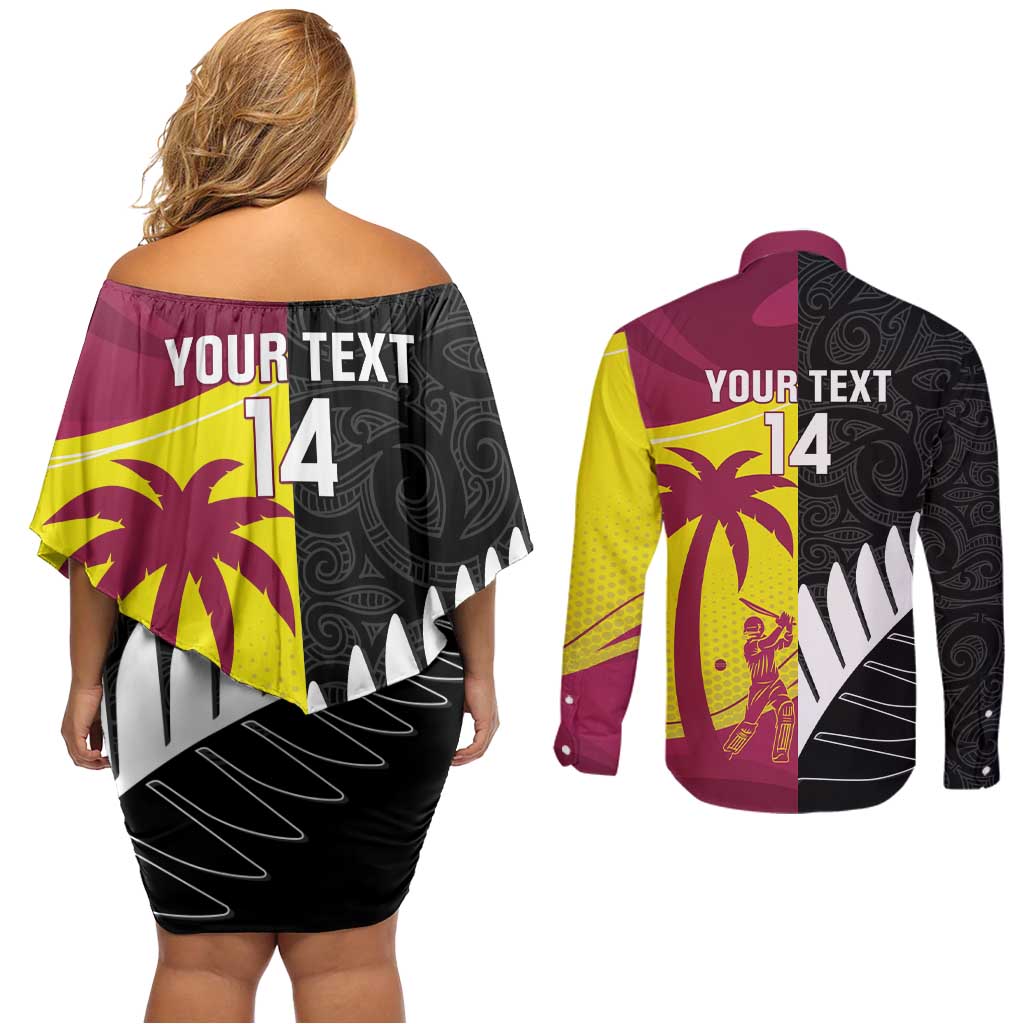 New Zealand and West Indies Cricket Custom Couples Matching Off Shoulder Short Dress and Long Sleeve Button Shirt Black Cap Windies Together - Aussie Hoodie