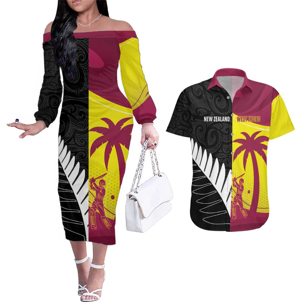 New Zealand and West Indies Cricket Custom Couples Matching Off The Shoulder Long Sleeve Dress and Hawaiian Shirt Black Cap Windies Together - Aussie Hoodie