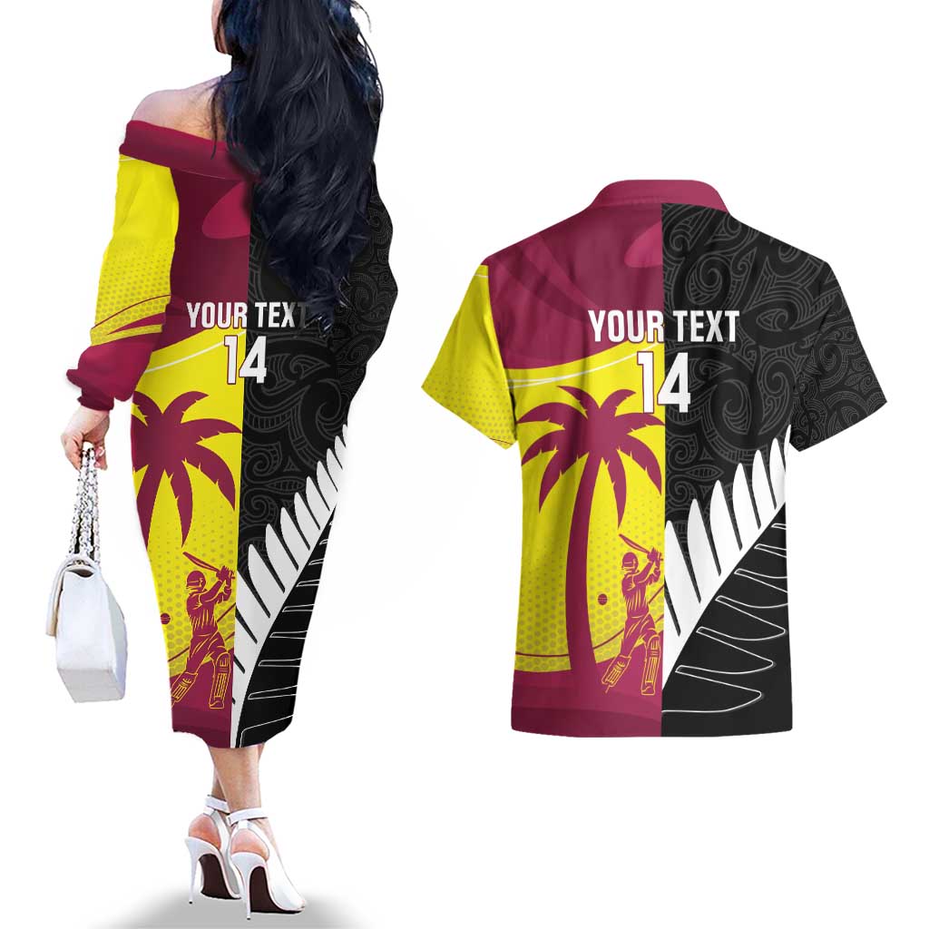 New Zealand and West Indies Cricket Custom Couples Matching Off The Shoulder Long Sleeve Dress and Hawaiian Shirt Black Cap Windies Together - Aussie Hoodie
