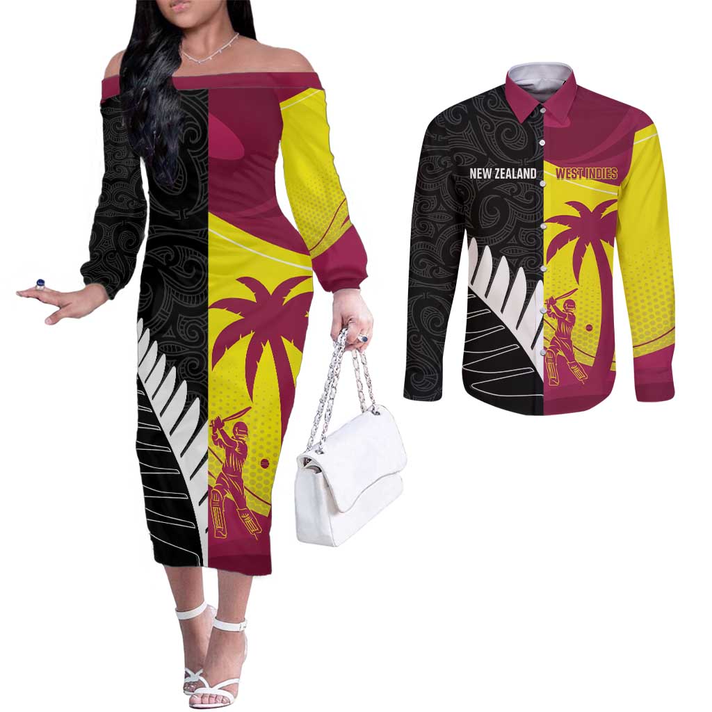 New Zealand and West Indies Cricket Custom Couples Matching Off The Shoulder Long Sleeve Dress and Long Sleeve Button Shirt Black Cap Windies Together - Aussie Hoodie