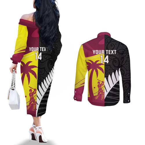 New Zealand and West Indies Cricket Custom Couples Matching Off The Shoulder Long Sleeve Dress and Long Sleeve Button Shirt Black Cap Windies Together - Aussie Hoodie