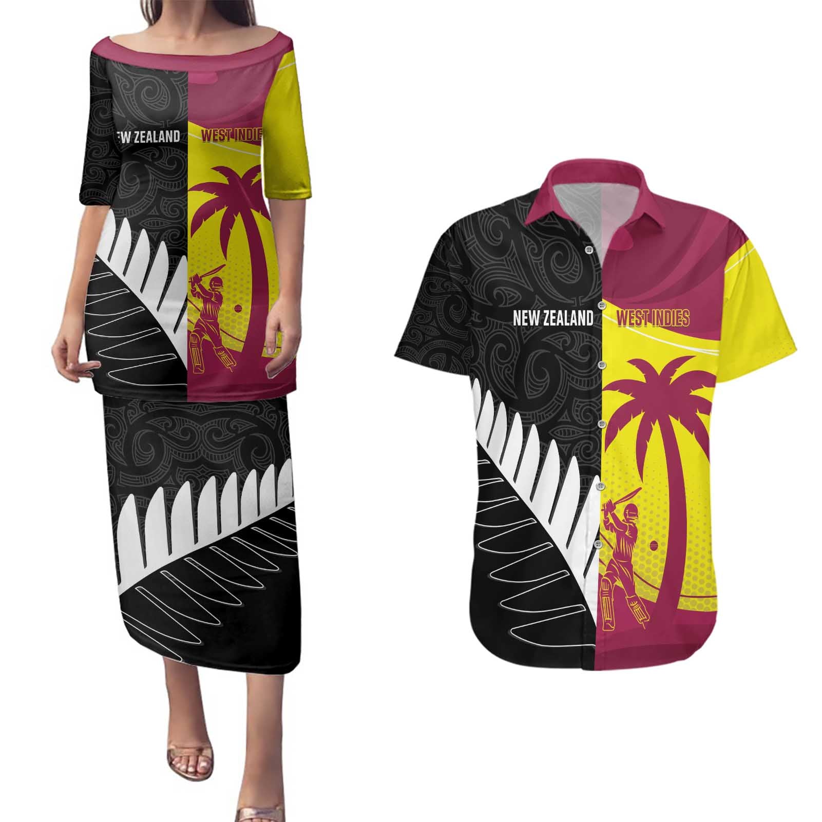 New Zealand and West Indies Cricket Custom Couples Matching Puletasi and Hawaiian Shirt Black Cap Windies Together - Aussie Hoodie
