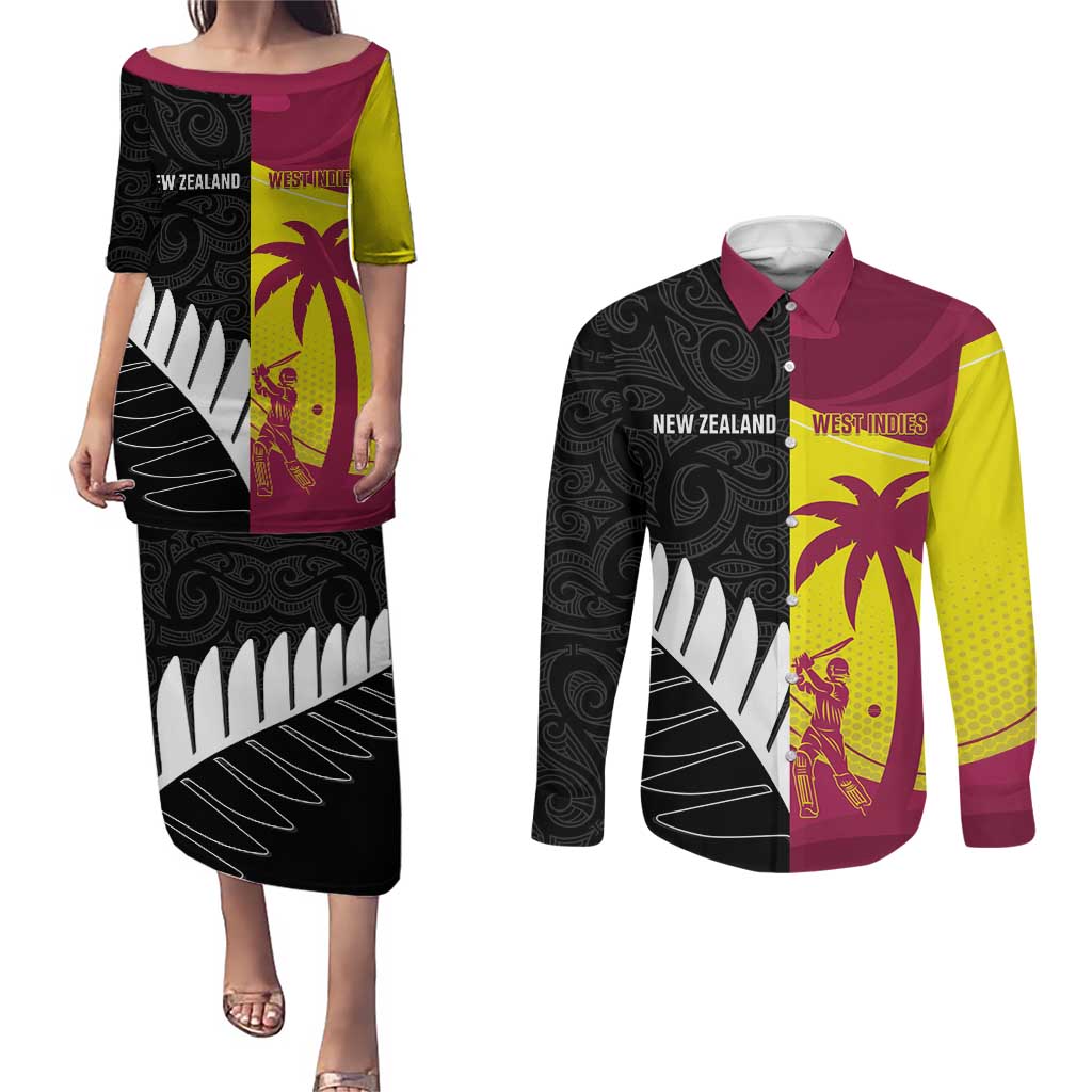 New Zealand and West Indies Cricket Custom Couples Matching Puletasi and Long Sleeve Button Shirt Black Cap Windies Together - Aussie Hoodie