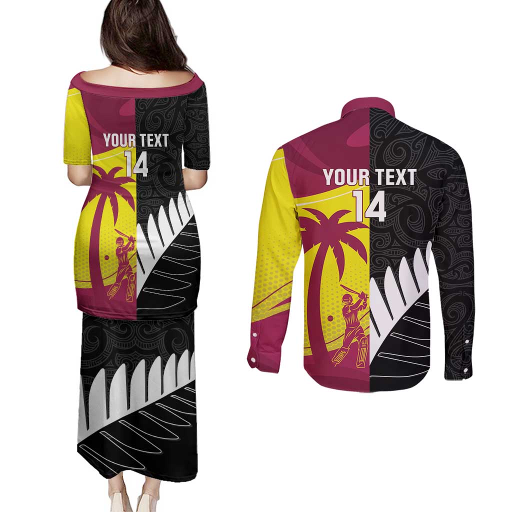 New Zealand and West Indies Cricket Custom Couples Matching Puletasi and Long Sleeve Button Shirt Black Cap Windies Together - Aussie Hoodie
