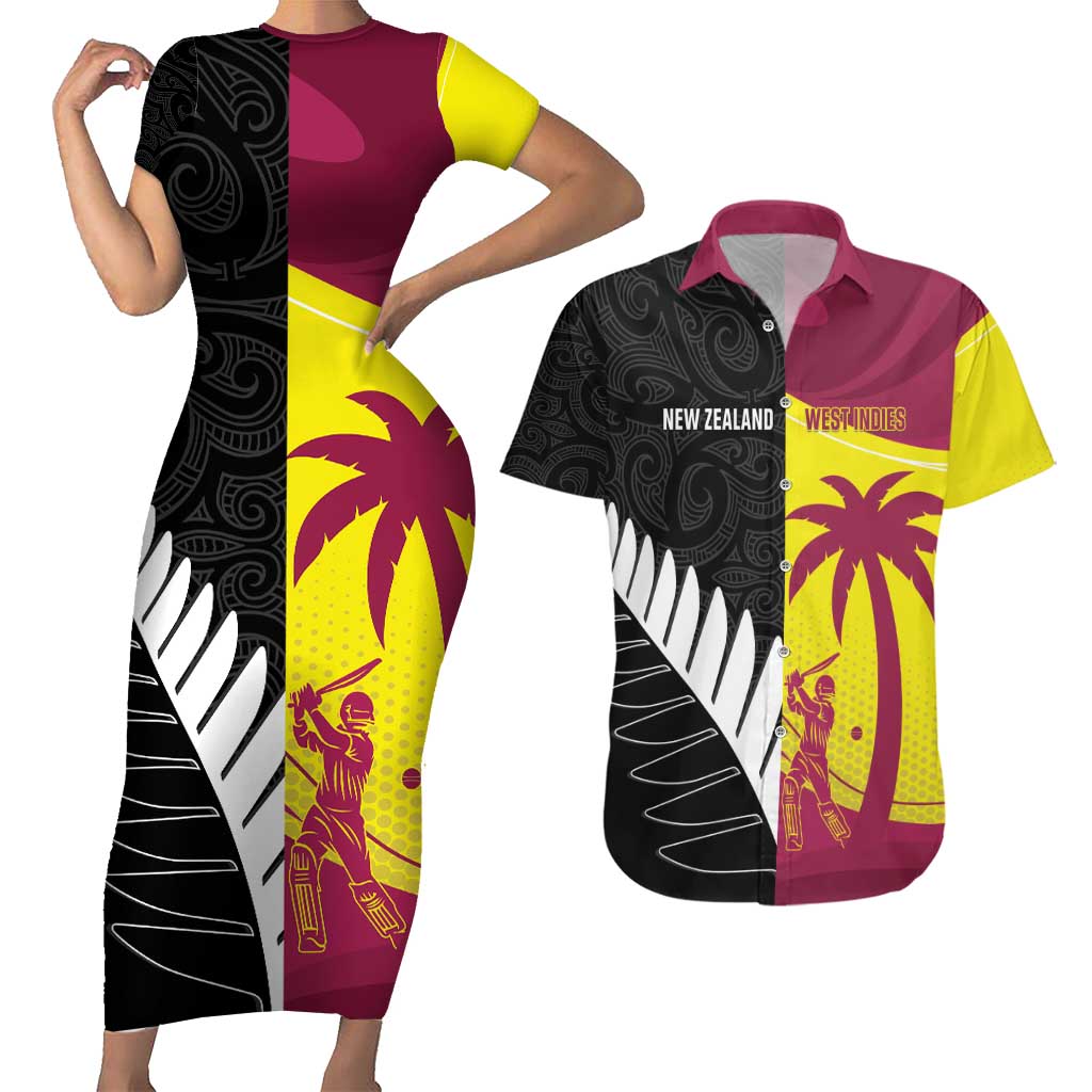 New Zealand and West Indies Cricket Custom Couples Matching Short Sleeve Bodycon Dress and Hawaiian Shirt Black Cap Windies Together - Aussie Hoodie