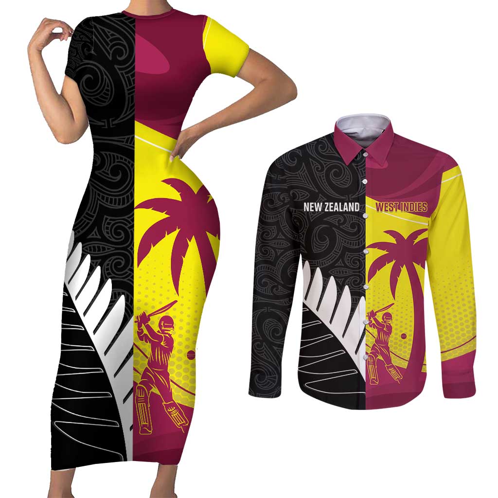 New Zealand and West Indies Cricket Custom Couples Matching Short Sleeve Bodycon Dress and Long Sleeve Button Shirt Black Cap Windies Together - Aussie Hoodie