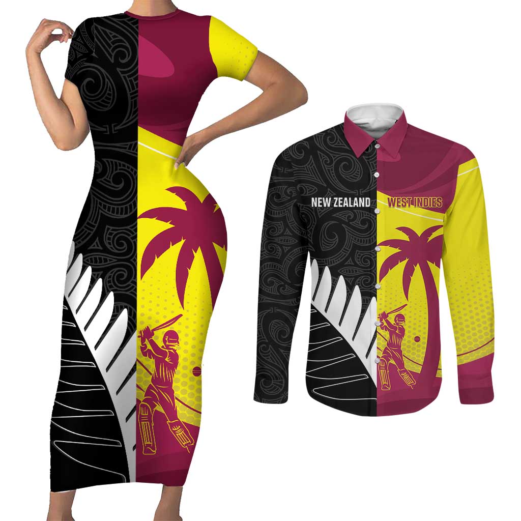 New Zealand and West Indies Cricket Custom Couples Matching Short Sleeve Bodycon Dress and Long Sleeve Button Shirt Black Cap Windies Together - Aussie Hoodie