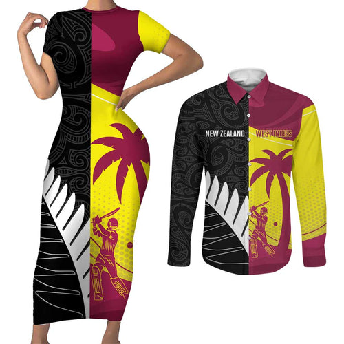 New Zealand and West Indies Cricket Custom Couples Matching Short Sleeve Bodycon Dress and Long Sleeve Button Shirt Black Cap Windies Together - Aussie Hoodie
