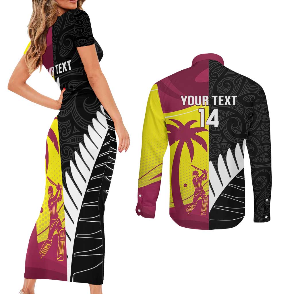 New Zealand and West Indies Cricket Custom Couples Matching Short Sleeve Bodycon Dress and Long Sleeve Button Shirt Black Cap Windies Together - Aussie Hoodie