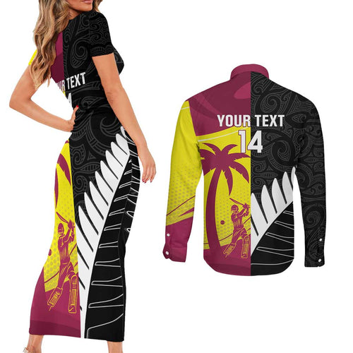 New Zealand and West Indies Cricket Custom Couples Matching Short Sleeve Bodycon Dress and Long Sleeve Button Shirt Black Cap Windies Together - Aussie Hoodie
