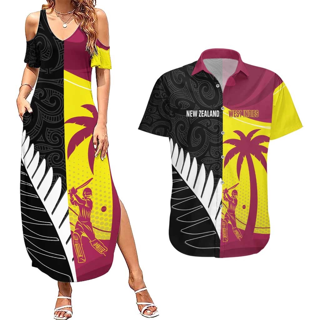 New Zealand and West Indies Cricket Custom Couples Matching Summer Maxi Dress and Hawaiian Shirt Black Cap Windies Together - Aussie Hoodie