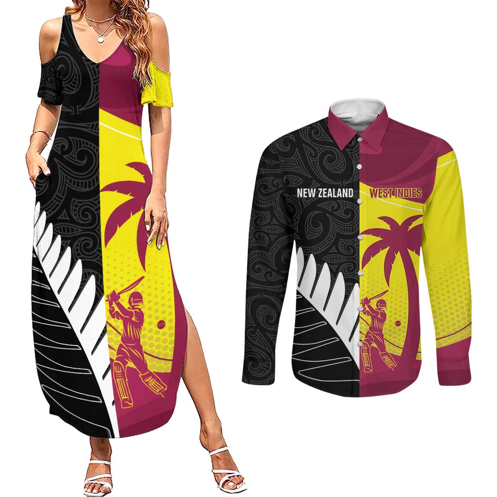 New Zealand and West Indies Cricket Custom Couples Matching Summer Maxi Dress and Long Sleeve Button Shirt Black Cap Windies Together - Aussie Hoodie