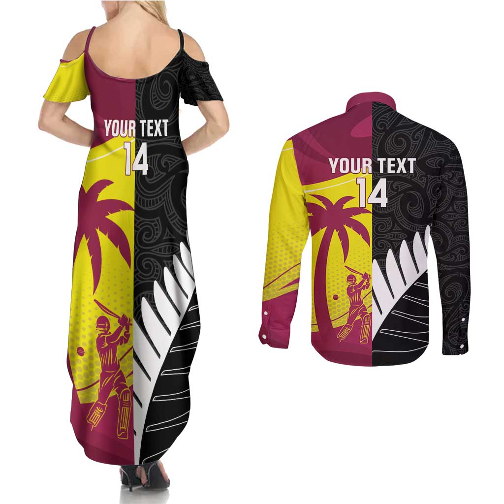New Zealand and West Indies Cricket Custom Couples Matching Summer Maxi Dress and Long Sleeve Button Shirt Black Cap Windies Together - Aussie Hoodie