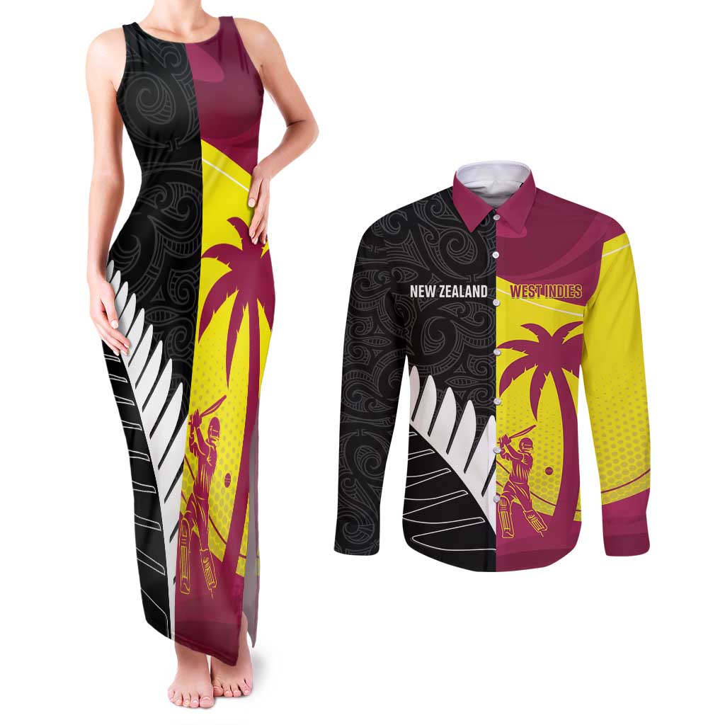 New Zealand and West Indies Cricket Custom Couples Matching Tank Maxi Dress and Long Sleeve Button Shirt Black Cap Windies Together - Aussie Hoodie