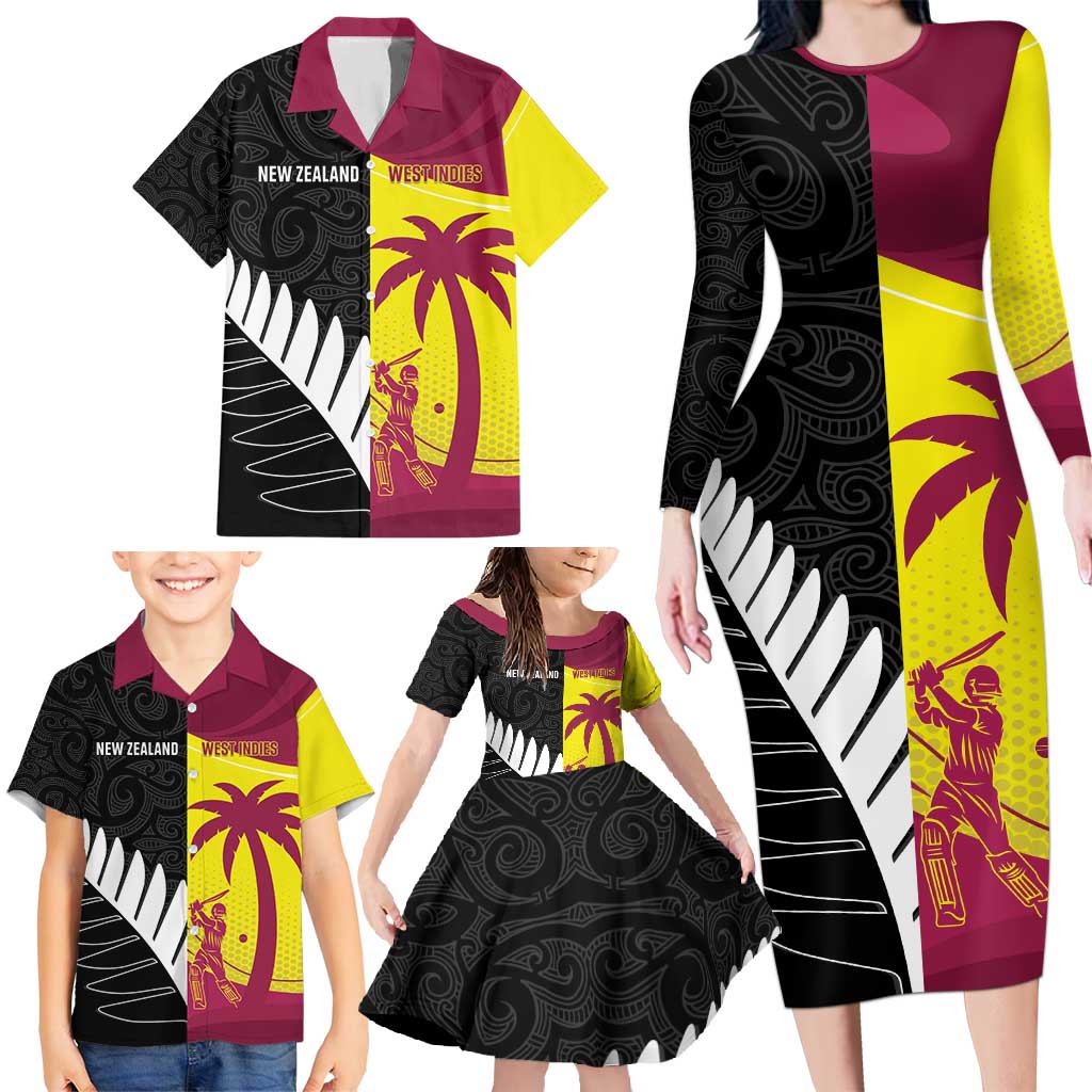 New Zealand and West Indies Cricket Custom Family Matching Long Sleeve Bodycon Dress and Hawaiian Shirt Black Cap Windies Together - Aussie Hoodie
