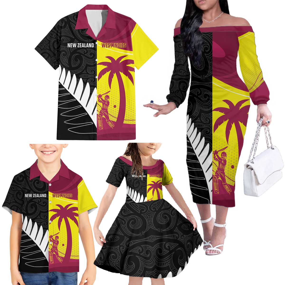 New Zealand and West Indies Cricket Custom Family Matching Off The Shoulder Long Sleeve Dress and Hawaiian Shirt Black Cap Windies Together - Aussie Hoodie