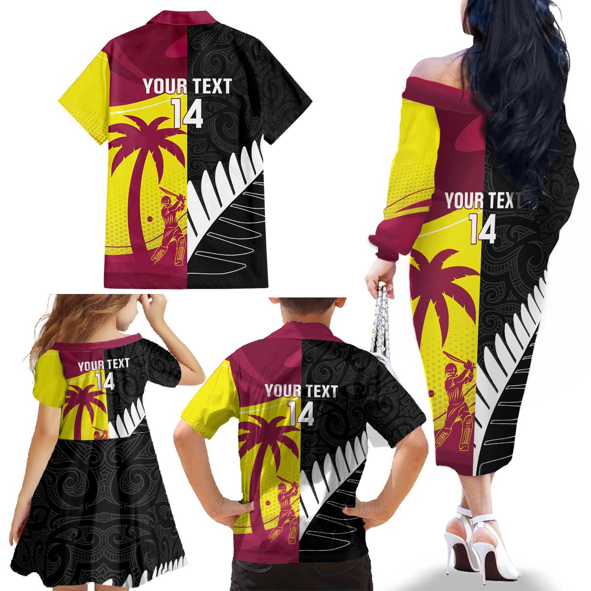 New Zealand and West Indies Cricket Custom Family Matching Off The Shoulder Long Sleeve Dress and Hawaiian Shirt Black Cap Windies Together - Aussie Hoodie